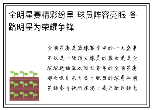 全明星赛精彩纷呈 球员阵容亮眼 各路明星为荣耀争锋