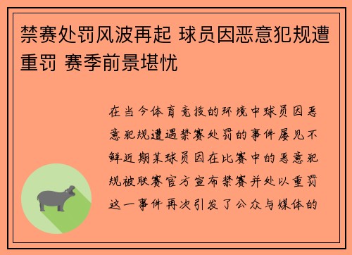 禁赛处罚风波再起 球员因恶意犯规遭重罚 赛季前景堪忧