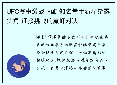 UFC赛事激战正酣 知名拳手新星崭露头角 迎接挑战的巅峰对决