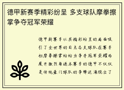 德甲新赛季精彩纷呈 多支球队摩拳擦掌争夺冠军荣耀