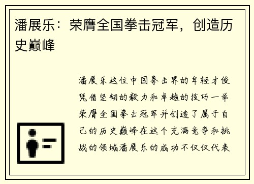 潘展乐：荣膺全国拳击冠军，创造历史巅峰